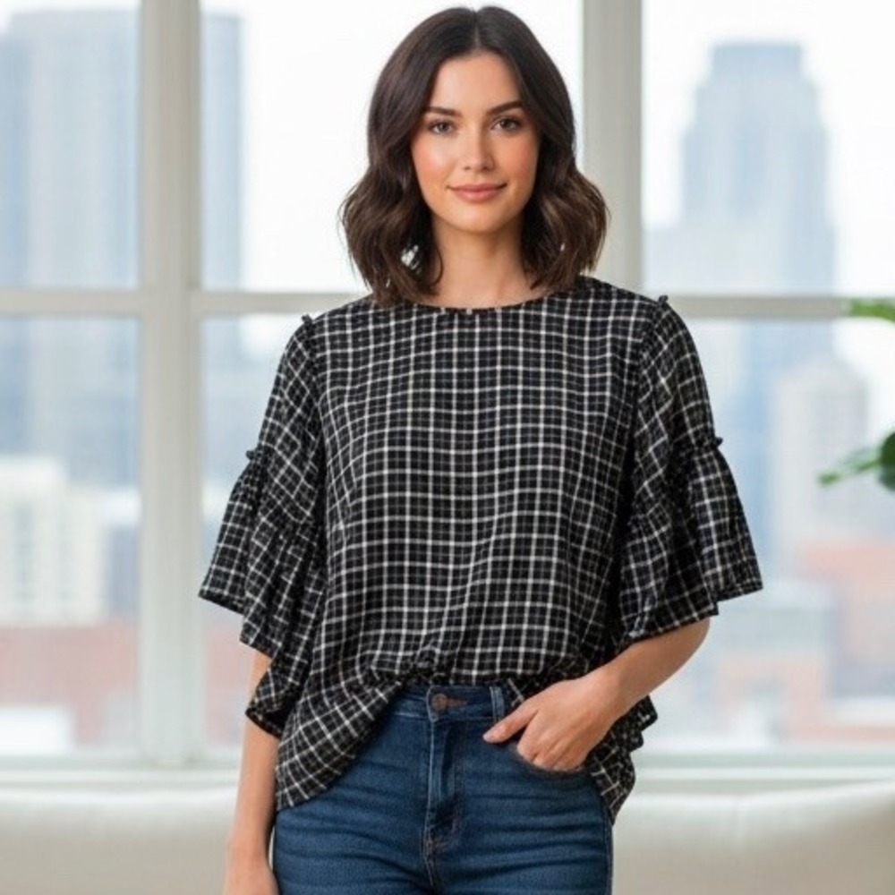 LOFT Plaid Cascade Sleeve Blouse XS Windowpane Ruffle Dolman Black White